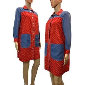 60s 70s Vintage Smock House Dress | Models Coat | Red Print & Denim | XS/S